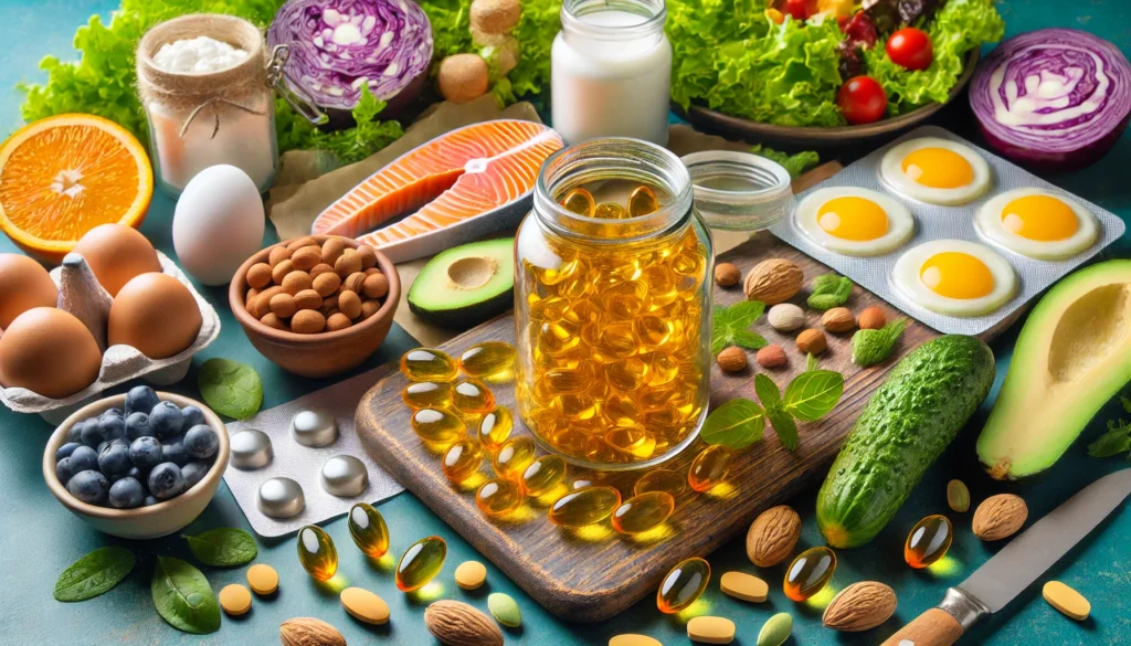 A vibrant still-life composition featuring Vitamin B Complex supplement capsules and soft gel pills in an open bottle, surrounded by natural food sources like fish, eggs, leafy greens, nuts, and dairy, emphasizing health and balanced nutrition.