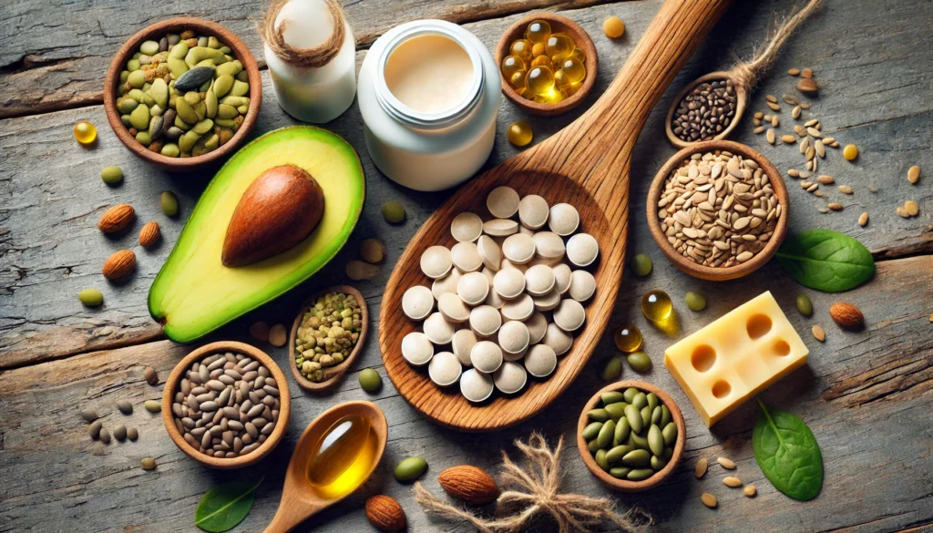 A top-down view of a wooden spoon filled with Vitamin B Complex tablets, surrounded by natural vitamin B-rich foods like avocados, legumes, dairy, and seeds, arranged on a rustic surface.