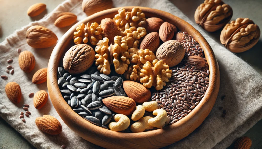 A close-up of various vitamin B-rich nuts and seeds, such as almonds, walnuts, sunflower seeds, and flaxseeds, displayed in a wooden bowl. The natural lighting enhances their earthy tones and textures.