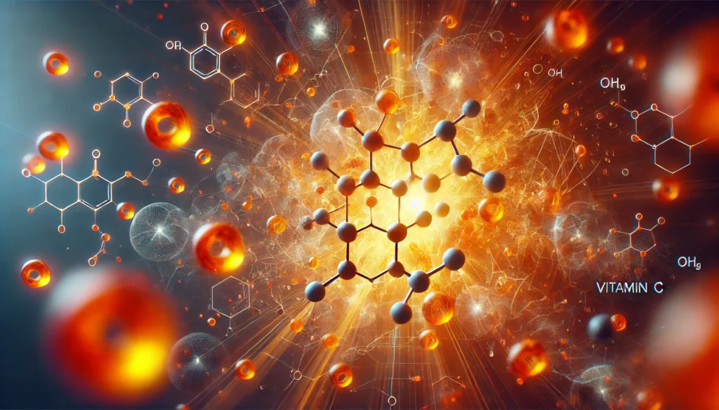 A conceptual depiction of vitamin C molecules floating in a glowing, orange-tinted environment. The futuristic and dynamic design symbolizes the antioxidant and immune-boosting properties of vitamin C.