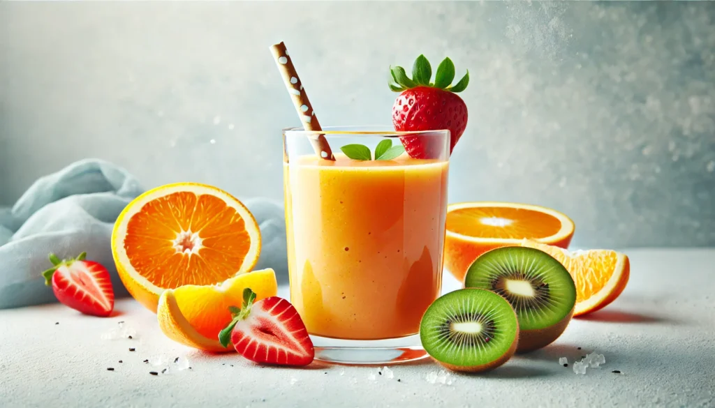 A close-up of a vitamin C-rich smoothie in a glass, made with oranges, strawberries, and kiwi. Fresh fruit slices are arranged beside the smoothie on a bright, clean background, representing health and wellness.