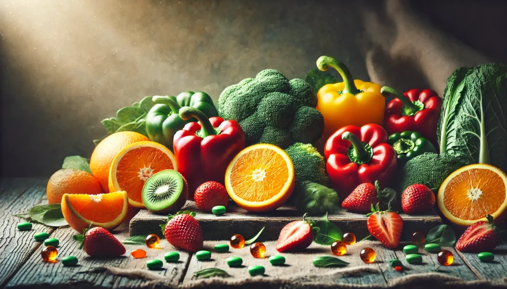 A selection of Vitamin C-rich foods, including oranges, bell peppers, broccoli, and strawberries, neatly arranged on a rustic wooden table. The scene is bathed in soft natural light, emphasizing the freshness and nutritional benefits of these foods.