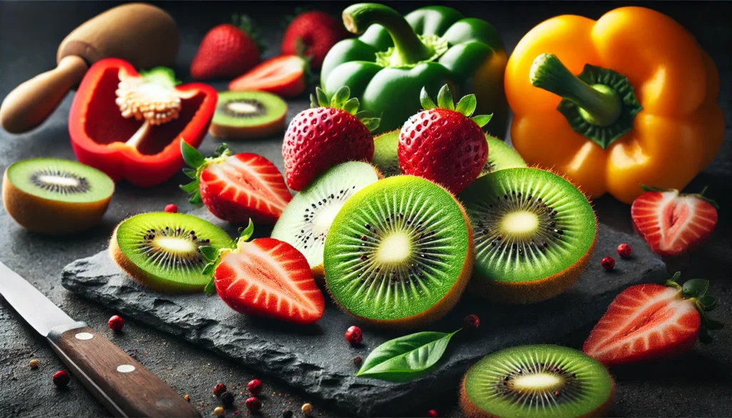 A close-up of fresh, sliced kiwis, strawberries, and bell peppers, highlighting their rich vitamin C content. The fruits and vegetables are placed on a dark stone surface to enhance their vibrant colors and natural textures.