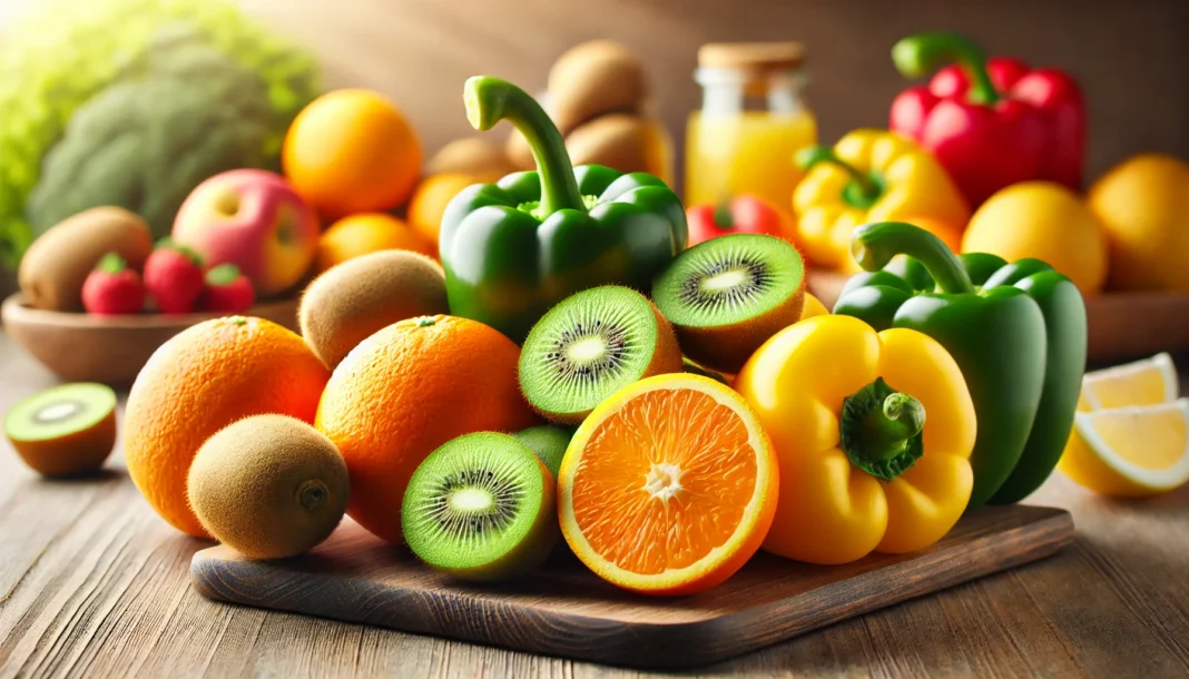 A vibrant display of Vitamin C-rich foods, including oranges, lemons, kiwis, and bell peppers, arranged on a wooden surface. The fresh and colorful produce is highlighted by a softly blurred background, emphasizing their natural brightness and health benefits.