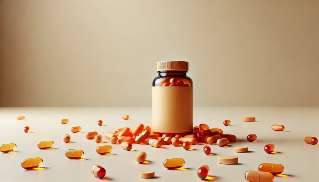 A modern and clean depiction of vitamin C supplements, featuring a generic bottle with scattered capsules on a neutral background. The vibrant orange color of the capsules highlights their energy-boosting and immune-supporting benefits.