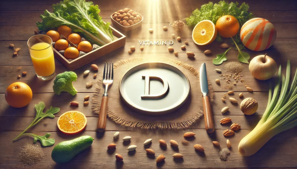 An empty plate with a fork and knife on a wooden table, surrounded by digestion-supporting foods like leafy greens, nuts, and citrus fruits. A soft glow of sunlight in the background represents the importance of Vitamin D, while the empty plate symbolizes digestive discomfort related to deficiency.