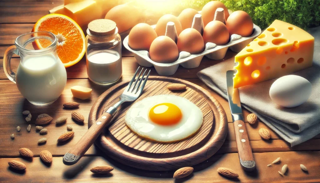 An empty plate with a fork and knife resting on a wooden table, symbolizing nutrient deficiency. Surrounding the plate are Vitamin D-rich foods such as eggs, cheese, and salmon, with soft natural sunlight filtering through the background, reinforcing the importance of Vitamin D in preventing headaches. The image is completely free of any text, logos, or symbolic markings.