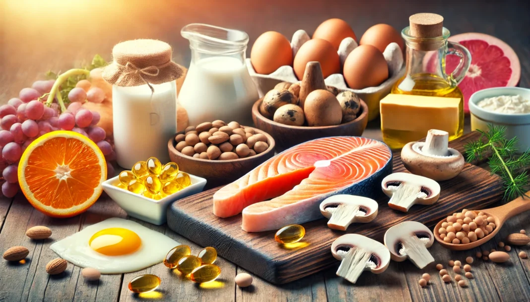 A variety of Vitamin D-rich foods, including salmon, eggs, mushrooms, and fortified dairy products, arranged on a wooden cutting board. A small bowl of fish oil capsules is included, symbolizing Vitamin D supplements for gut health.