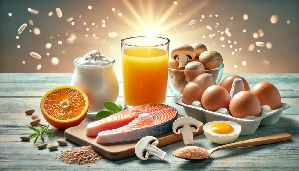 A glass of orange juice alongside Vitamin D-rich foods like salmon, eggs, and mushrooms, with a small dish of probiotic yogurt nearby to emphasize gut health. Soft sunlight in the background symbolizes the natural source of Vitamin D and its role in digestion.