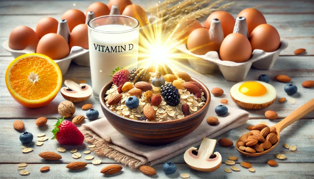 A bowl of fiber-rich oatmeal topped with nuts and berries, alongside a glass of fortified milk. Surrounding the bowl are Vitamin D-rich foods like eggs and mushrooms. Soft sunlight in the background highlights the role of Vitamin D in gut health and constipation relief.