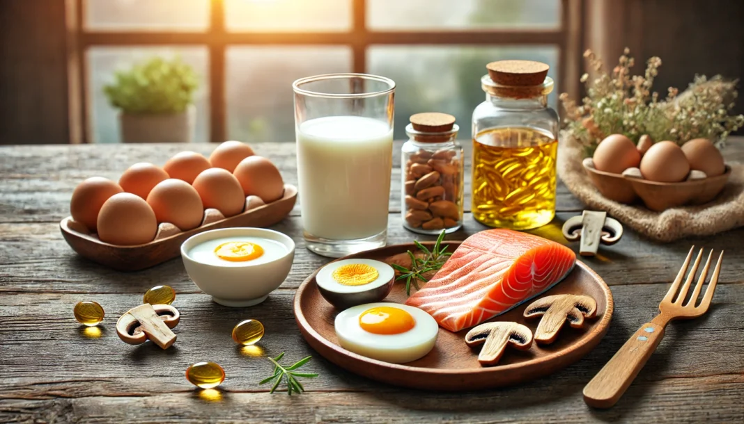 A glass of milk and a plate of Vitamin D-rich foods, including grilled salmon, boiled eggs, and mushrooms, arranged on a rustic wooden table. A small bowl of fish oil capsules sits nearby, with soft sunlight filtering through a window in the background.