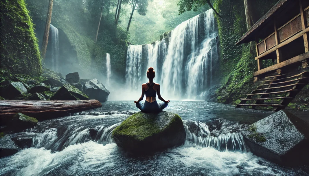 A peaceful yoga session by a waterfall, with a woman practicing a meditative pose on a rock. The flowing water, lush greenery, and mist create a refreshing and soothing environment, emphasizing yoga’s role in stress relief and mental clarity.