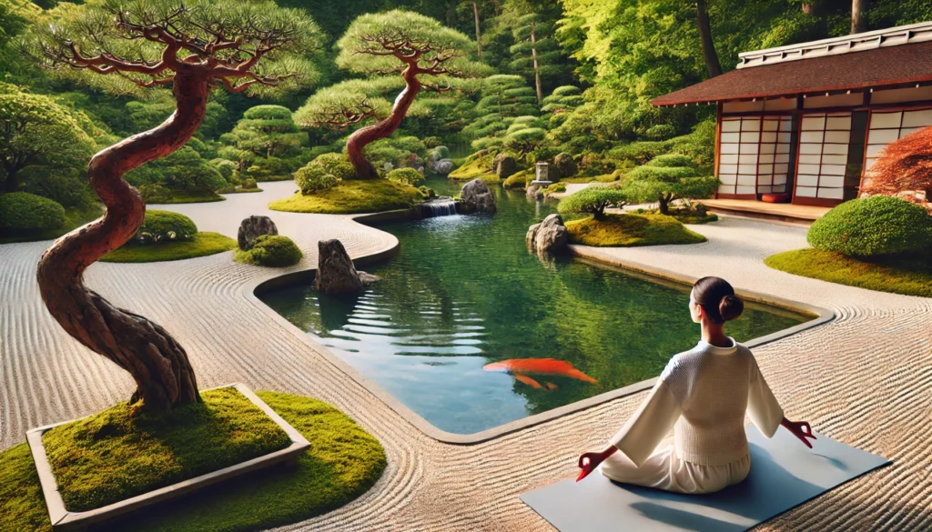 A calming yoga session in a Japanese Zen garden, with a woman performing a gentle stretching pose near a tranquil koi pond. The neatly raked sand, bonsai trees, and flowing water enhance mindfulness and relaxation, reducing anxiety.