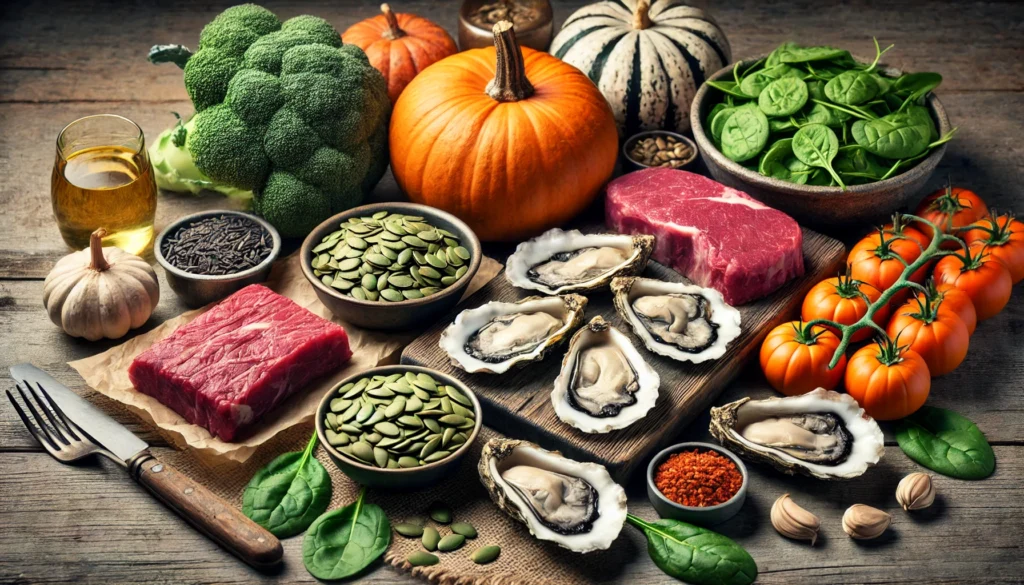 A collection of zinc-rich foods, including oysters, beef, pumpkin seeds, and spinach, neatly arranged on a rustic wooden table. The fresh ingredients are highlighted with natural lighting, emphasizing their nutritional benefits and health properties.