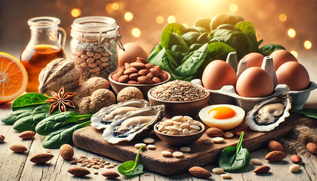 A selection of zinc-rich foods, including oysters, nuts, seeds, spinach, and eggs, arranged on a natural wooden surface. The background is softly blurred with warm lighting, creating a fresh and healthy atmosphere. No text, labels, or symbols are present in the scene.