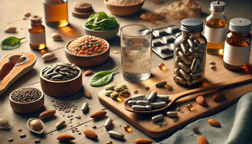 A close-up of a bottle of zinc supplement capsules on a wooden surface, surrounded by zinc-rich foods such as pumpkin seeds, almonds, and spinach, with a softly blurred natural wellness background.