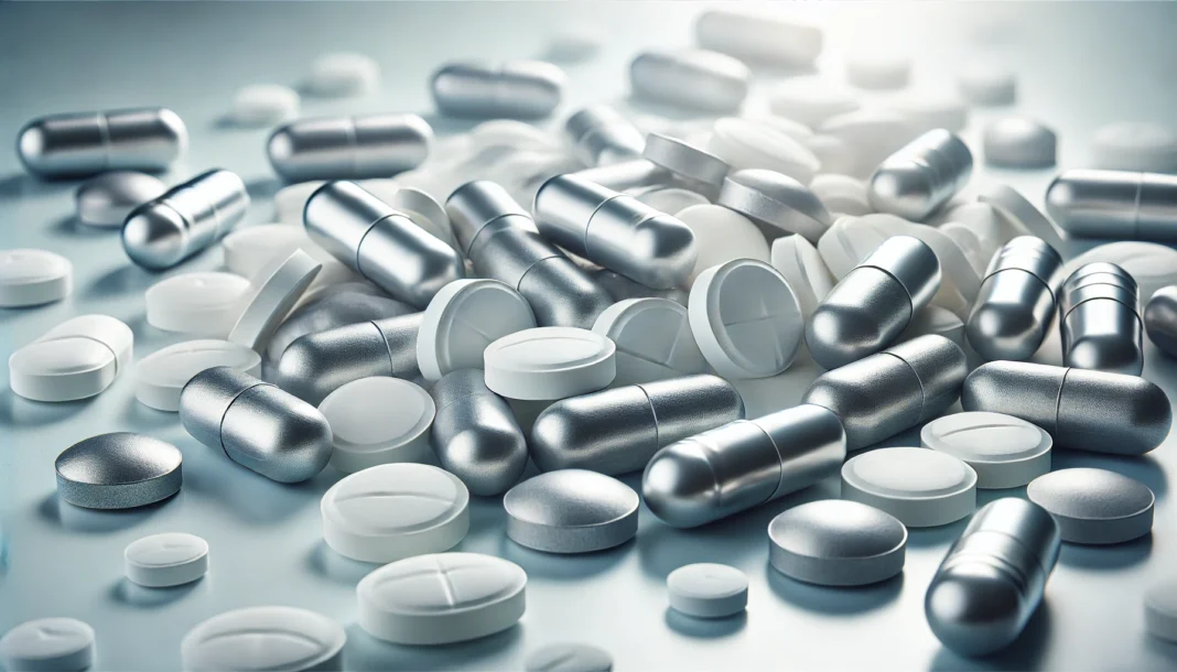 A close-up view of zinc supplement tablets and capsules scattered on a clean white surface. The pills are metallic gray and white, reflecting the mineral's association with health. The background is softly blurred with cool, neutral lighting, emphasizing purity and wellness.