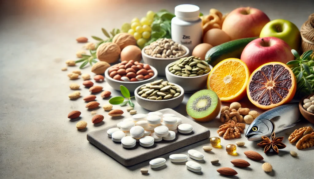 A visually appealing arrangement of zinc supplement tablets and zinc-rich foods, including nuts, seeds, and seafood, displayed on a clean, neutral-toned surface. The background is softly blurred with warm natural lighting, emphasizing health and nutrition.