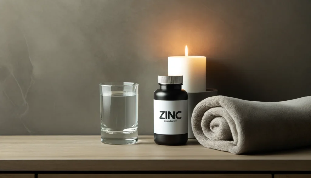 A modern bathroom countertop featuring a sleek zinc supplement bottle next to a glass of water, a lit candle, and a neatly folded towel, creating a calming self-care ambiance.