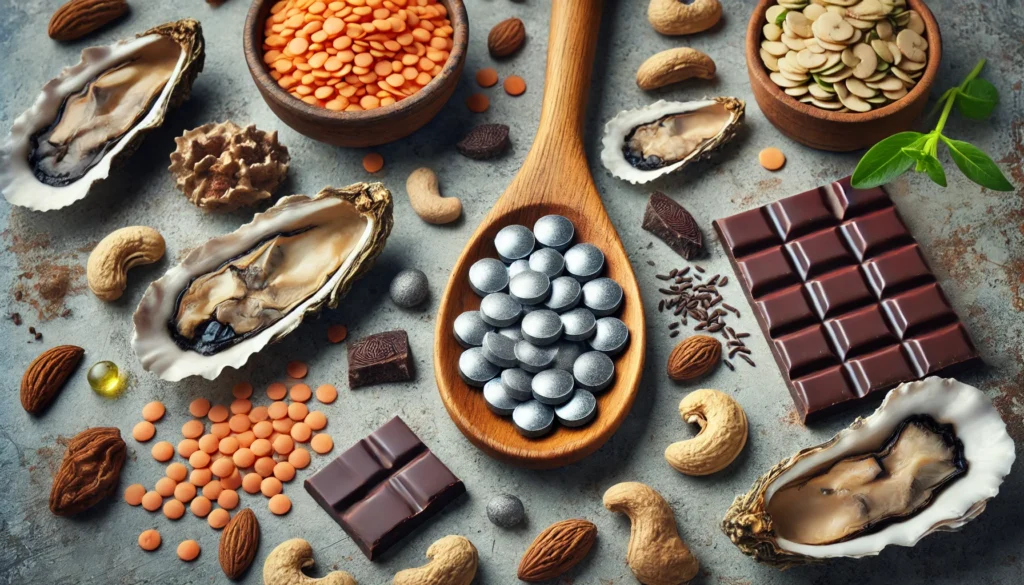 A top-down view of a wooden spoon filled with zinc tablets, surrounded by natural zinc-rich foods like oysters, lentils, dark chocolate, and cashews, arranged on a rustic surface.