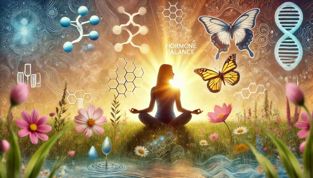 A holistic representation of hormone balance in premenopausal women. A woman meditates in a sunlit field, surrounded by flowers, water ripples, and butterflies, with subtle scientific overlays of hormone molecules blending into the scene, symbolizing the connection between nature and medical advancements.