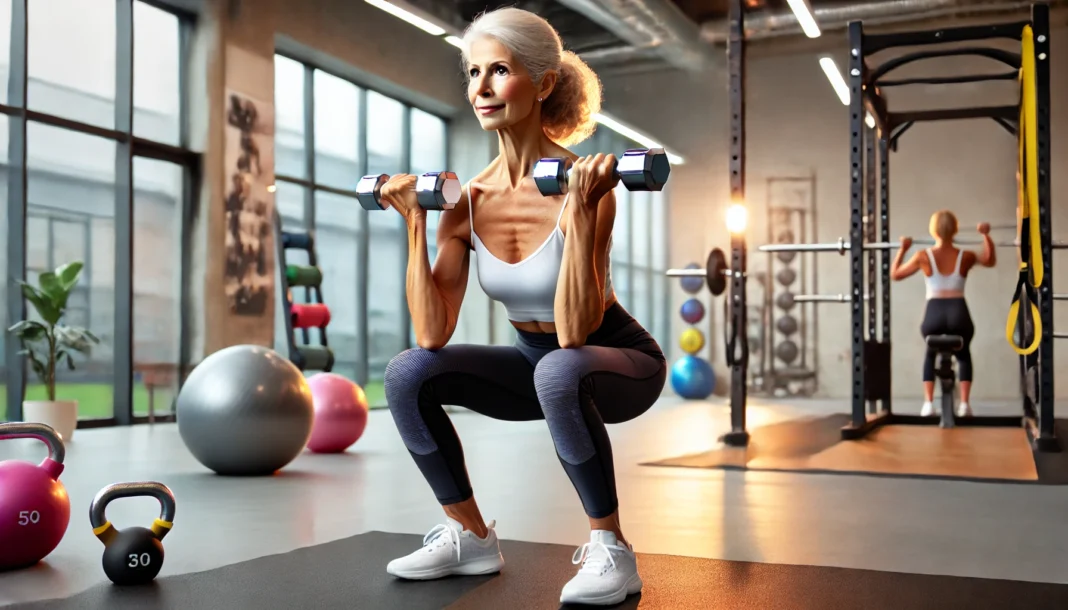 A fit senior woman in a bright gym performing a squat exercise using light dumbbells. The gym environment features resistance bands, stability balls, and a welcoming atmosphere, emphasizing safe weight training for osteoporosis.