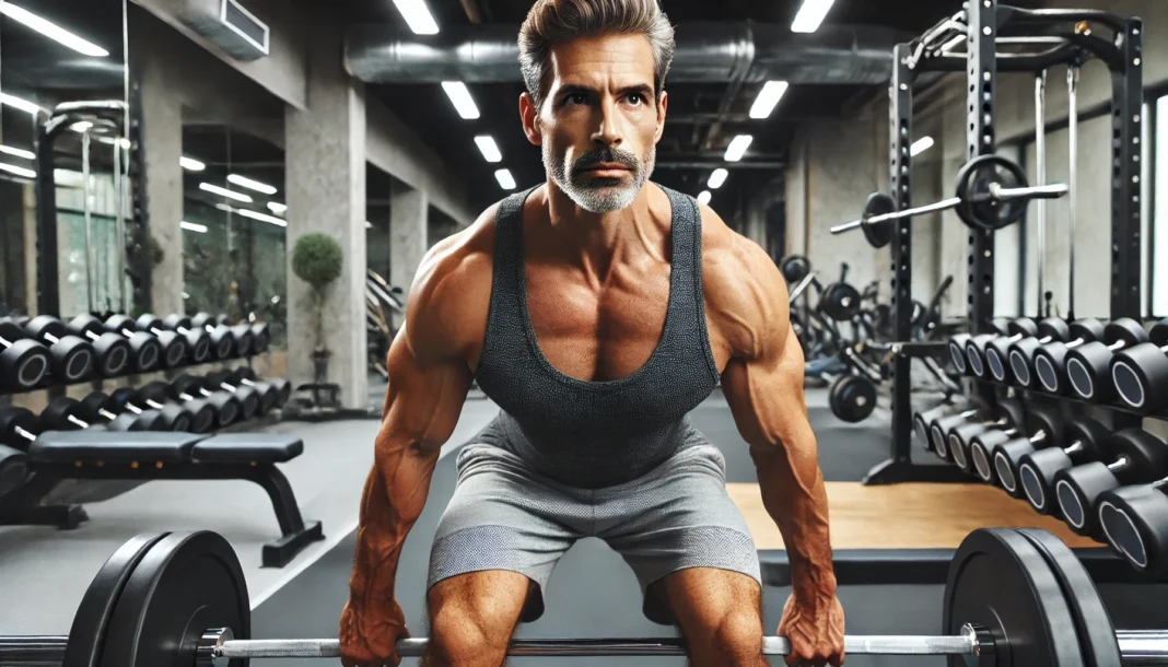 A middle-aged man performing a deadlift in a modern gym, showcasing strength and determination. The well-lit environment highlights his commitment to fitness and weightlifting at 40.