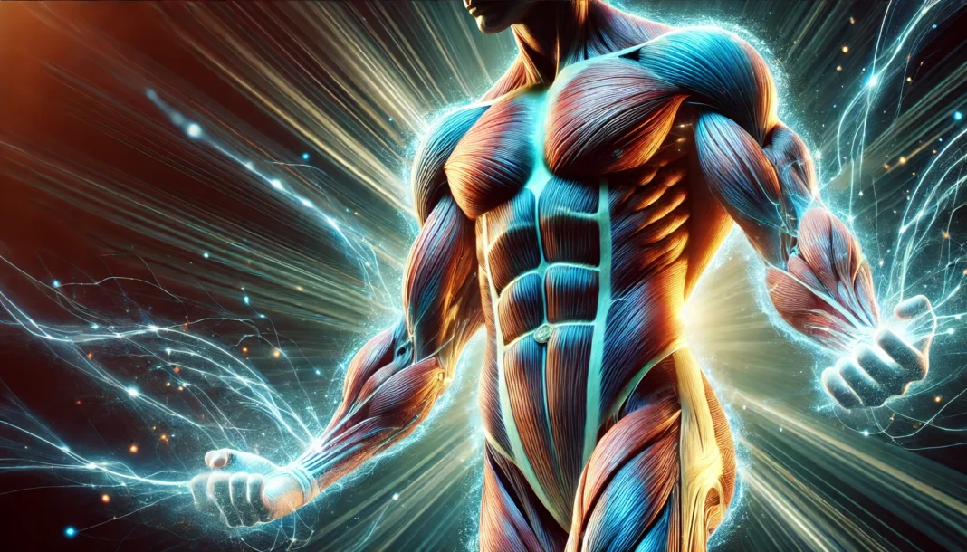 A highly detailed close-up of muscular human arms and legs with visible fiber expansion, glowing energy lines highlighting muscle definition, and a dynamic background symbolizing strength and growth.