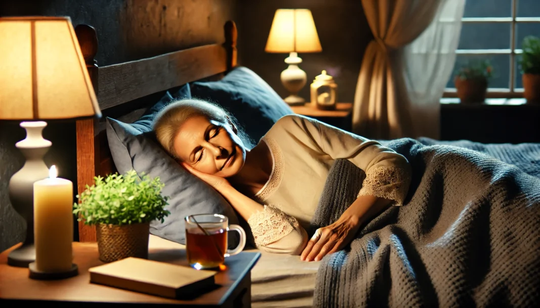 A cozy bedroom with a middle-aged woman peacefully sleeping under soft moonlight, with a cup of herbal tea and a book on the nightstand, illustrating natural sleep remedies for menopause symptoms.