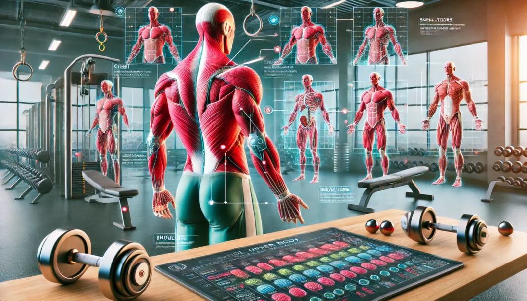 A visually engaging digital illustration depicting an upper body workout schedule with highlighted muscle groups: chest, back, shoulders, and arms, set in a gym environment.