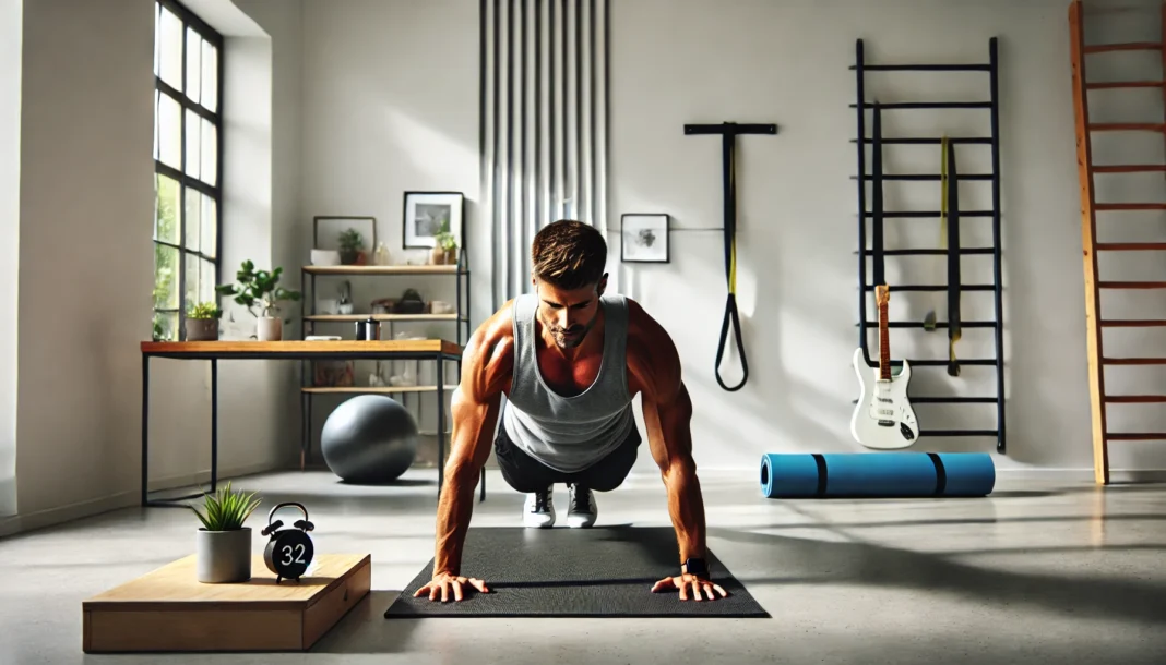 A fit, muscular man performing a push-up in a well-lit home gym with minimalistic workout equipment.