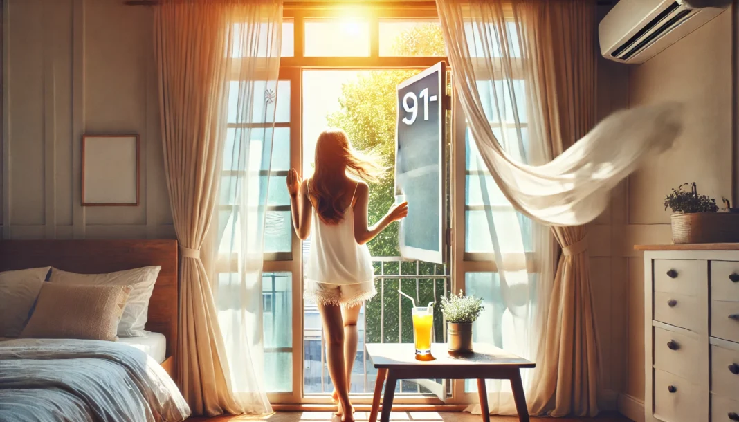 A refreshing and cooling concept of hot flash relief, depicting a woman standing by an open window, enjoying a cool breeze while holding a cold drink. The airy and bright atmosphere highlights lifestyle adjustments that provide natural comfort and temperature regulation.