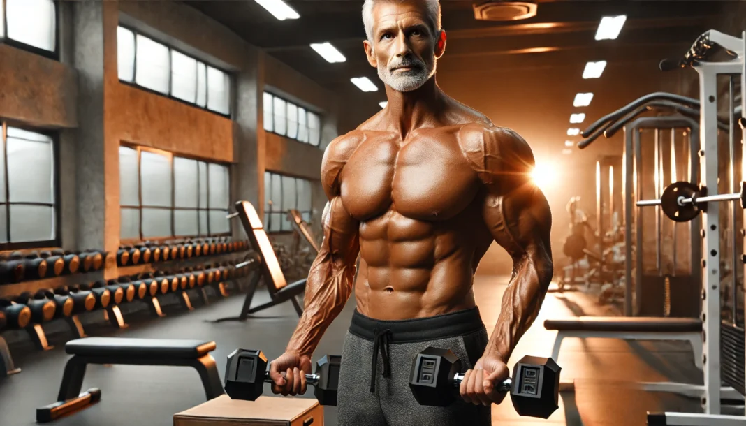 A fit and muscular older man in his 50s or 60s lifting dumbbells in a well-lit gym, showcasing strength, endurance, and vitality with a focus on toned muscles and proper workout form.