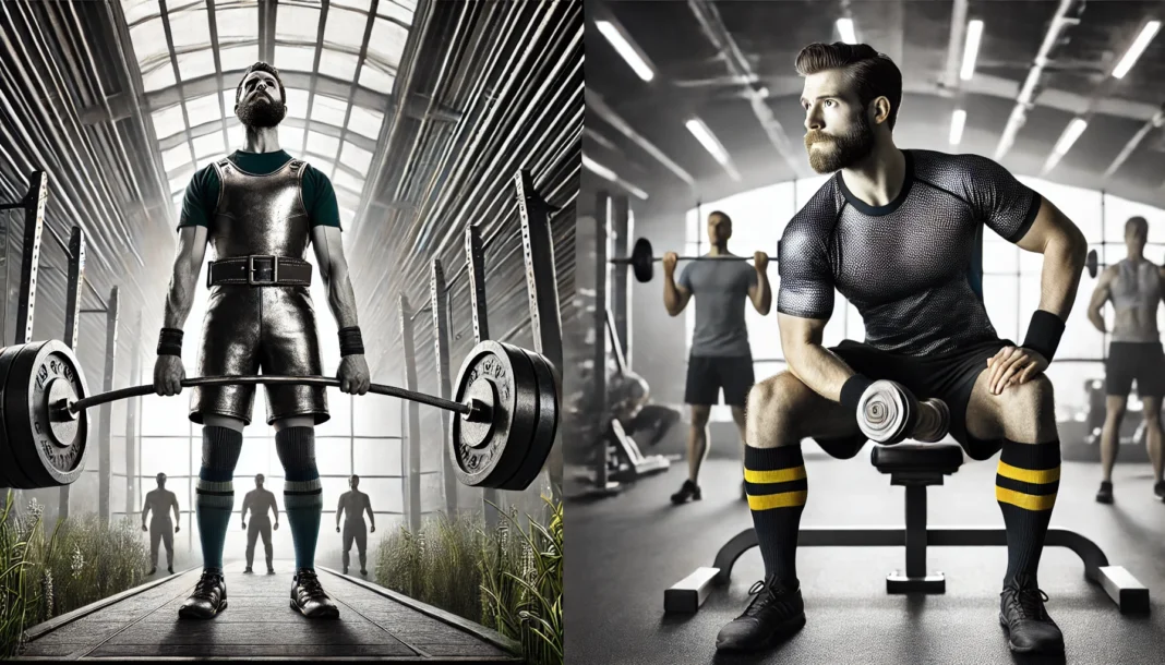 A side-by-side gym comparison of two men: one performing a heavy deadlift, representing strength training, and another executing bicep curls with dumbbells, symbolizing weight training. The setting highlights the contrast between functional powerlifting and isolated muscle exercises.