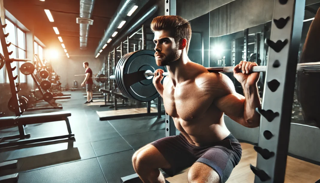 A muscular man in a modern gym performing a heavy barbell squat with intense focus. The well-lit gym features professional equipment, emphasizing strength and power training.