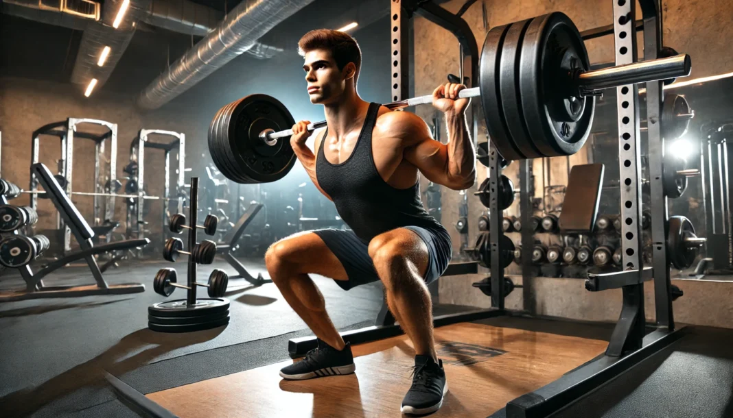 A muscular man performing a heavy barbell squat in a professional gym, showcasing strength and power with a well-equipped background.