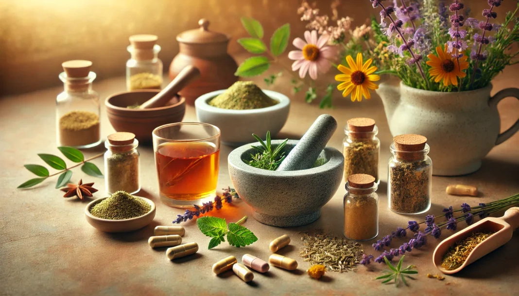 A still life arrangement of natural supplements for anxiety, stress, and depression, featuring herbal capsules, fresh chamomile and lavender, a glass of herbal tea, and adaptogenic powders in a serene, softly lit setting.