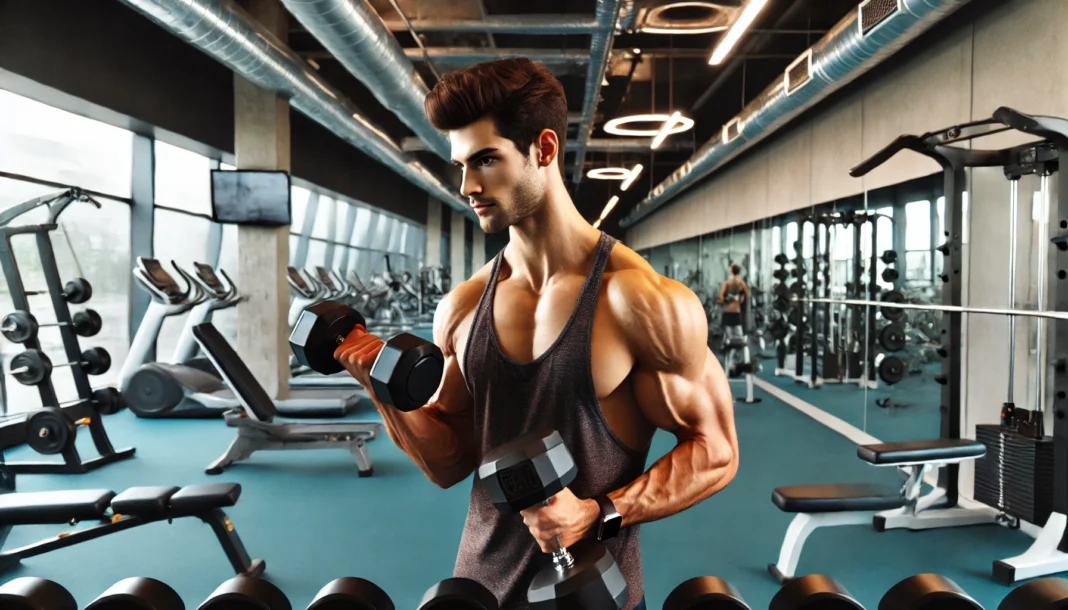 A muscular man lifting heavy dumbbells for bicep curls in a modern gym, showcasing arm strength and muscle definition.