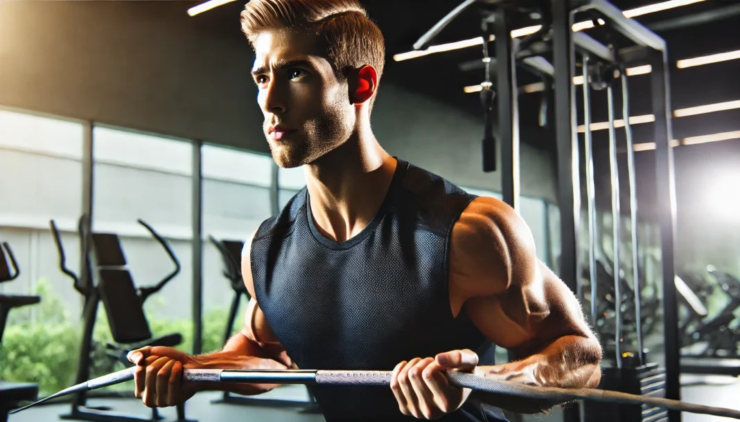 A strong and fit man performing an intense workout in a modern gym. His well-defined muscles and focused expression highlight his dedication to fitness. The background features advanced workout equipment and dramatic lighting.