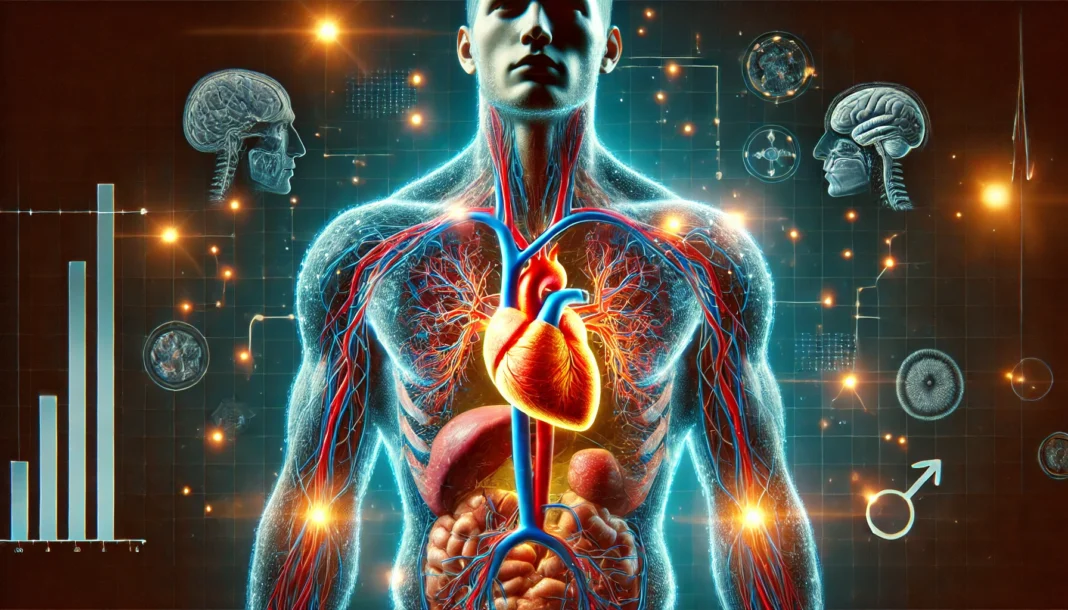 A high-tech, medical-style illustration of the male anatomy, highlighting key organs like the heart, brain, and muscles.