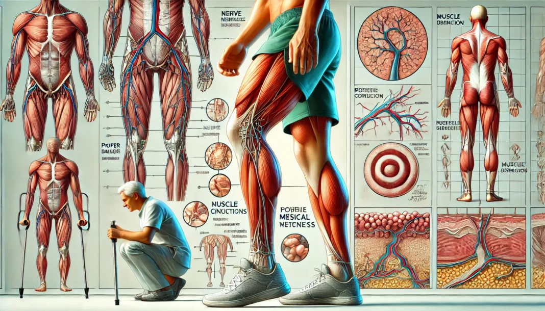 A medical-themed illustration depicting a close-up of legs with muscle atrophy, unsteady posture, and visible weakness.