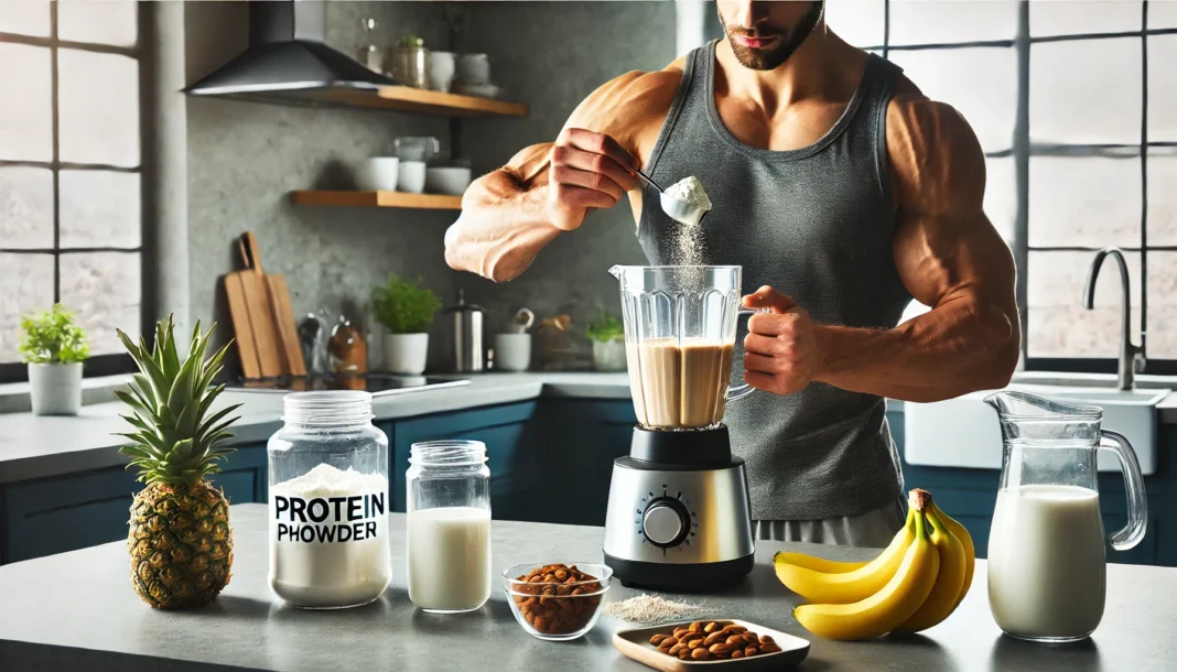 A muscular athlete preparing a protein shake in a modern kitchen. The countertop features whey protein powder, almond milk, bananas, and peanut butter, highlighting muscle-building nutrition.