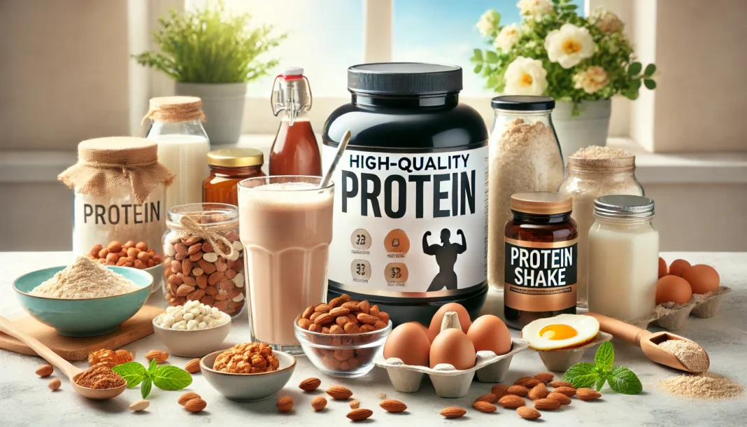 A visually appealing composition of various high-quality protein supplements suitable for seniors, featuring protein powders, protein-rich foods like nuts, eggs, and fish, and a glass of protein shake in a bright, wellness-focused setting.