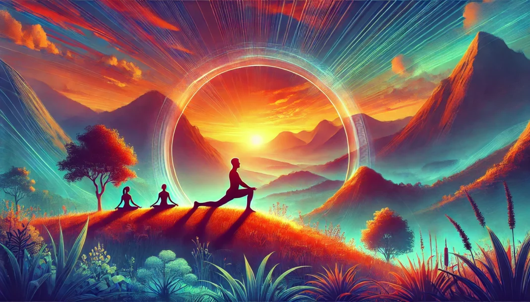 A person practicing yoga on a scenic mountaintop at sunrise, surrounded by breathtaking natural beauty, symbolizing strength, resilience, and longevity.