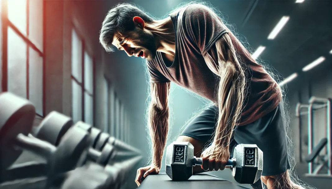 A tired-looking man struggling to lift a dumbbell in a gym, his arms visibly trembling with effort. The blurred background emphasizes his physical struggle, highlighting signs of muscle weakness.