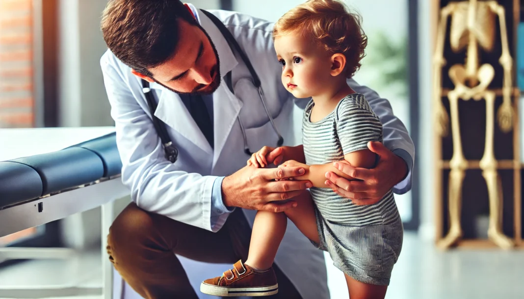 A doctor carefully examines a young child's legs as the child struggles to stand, with a concerned parent nearby. A visual representation of early muscular dystrophy symptoms.