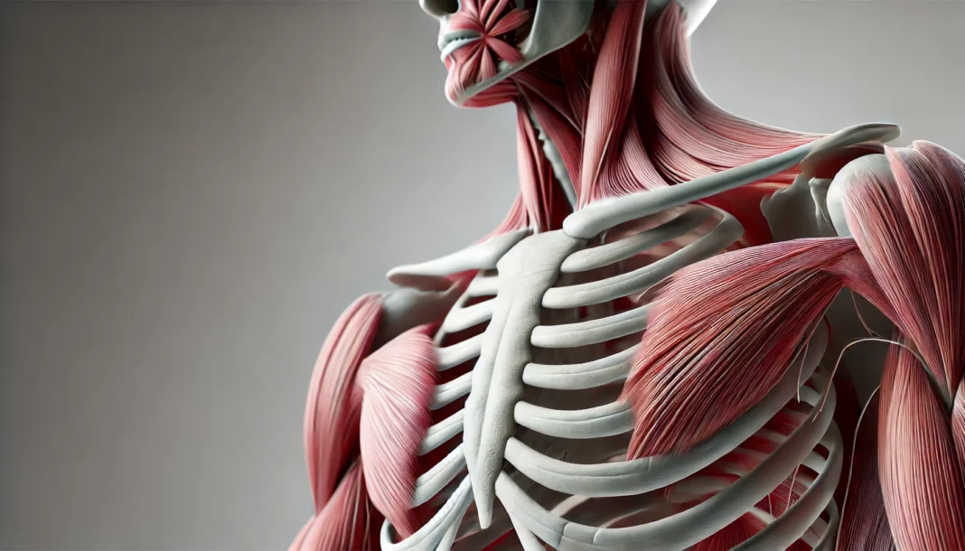 A highly detailed 3D-rendered illustration of human skeletal muscles, showcasing muscle fibers, striations, and anatomical textures in a realistic depiction.