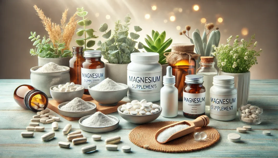 Magnesium Supplements Composition – A clean and natural setting showcasing various magnesium supplements (capsules, powders, liquid drops) with soft lighting and greenery, emphasizing high-quality, bioavailable magnesium sources.