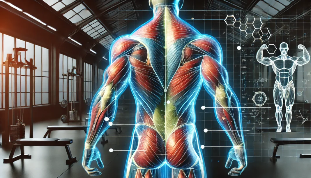 A high-tech 3D rendering of a muscular human figure with highlighted muscle groups, glowing lines indicating a structured workout plan, set in a futuristic gym environment.