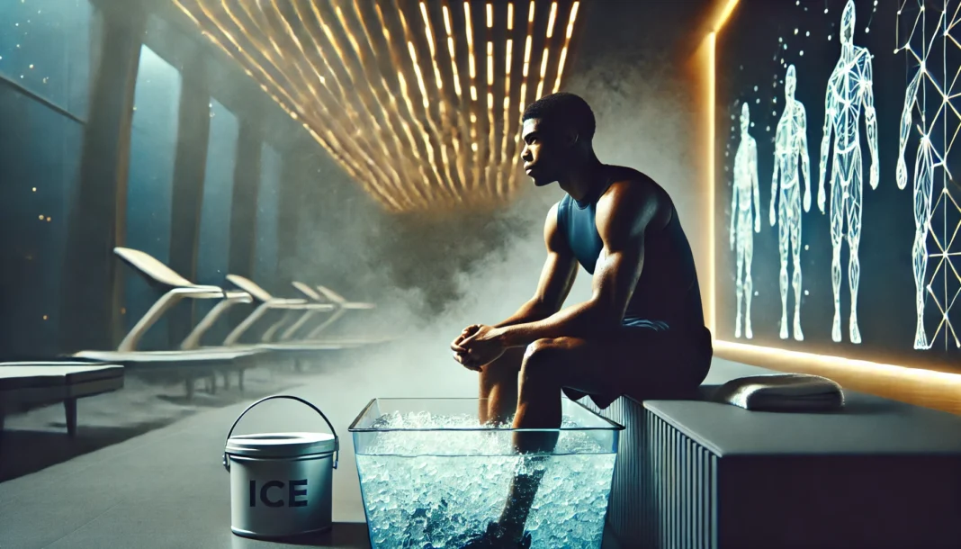 Athlete soaking in an ice bath in a modern spa setting, with steam rising, muscles visibly relaxing under cold therapy.